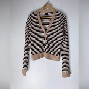 Monrow Tan White Black Stripe V Neck Cotton Wool Blend‎ Cardigan Medium